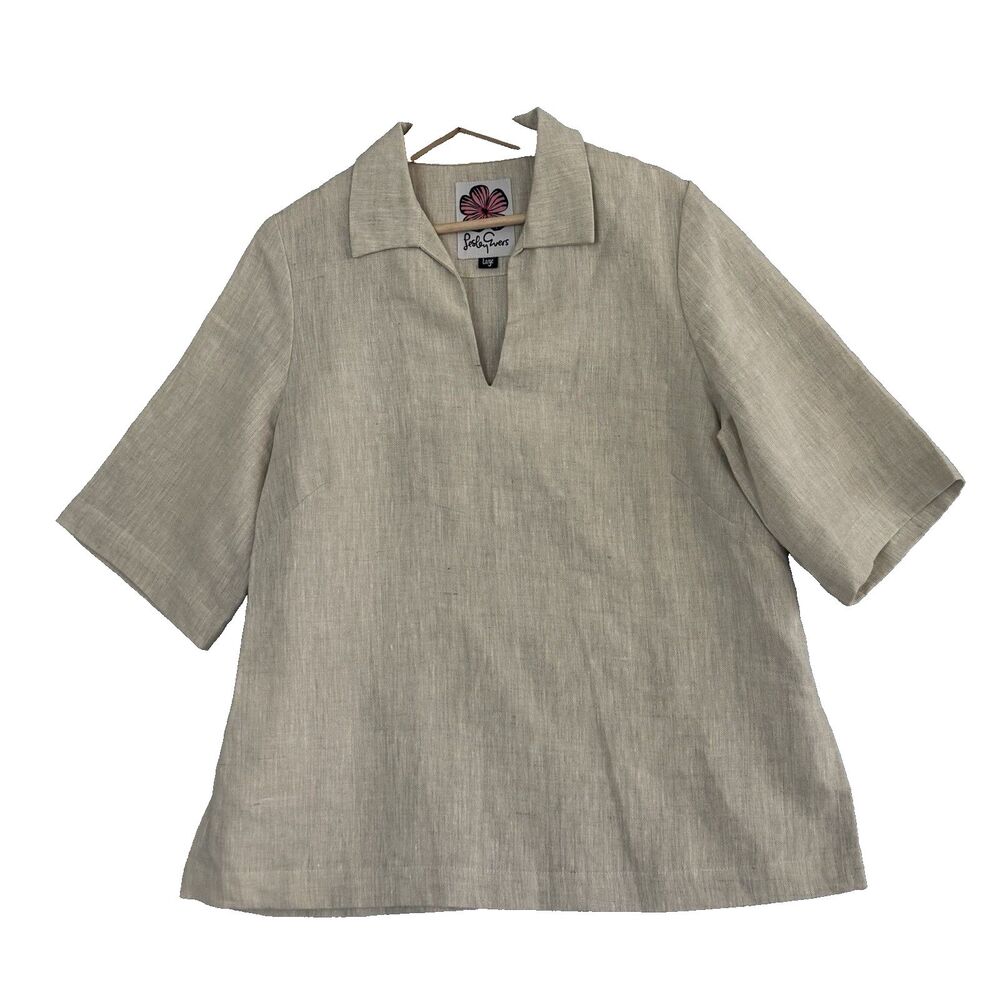 Lesley Evers Brooklyn Linen Top Womens L Beige 3/4 Sleeve Made USA Substantial